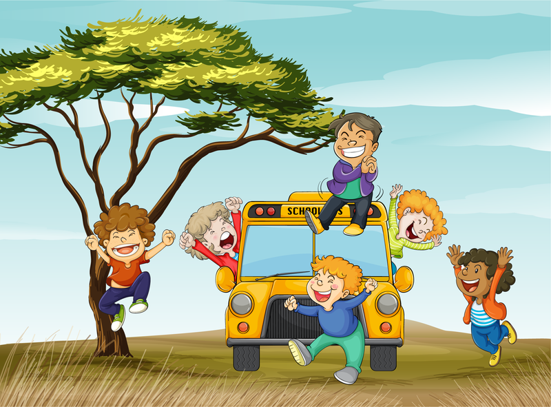 Niños en la ilustración del autobús escolar