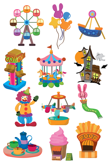 Cartoon playground circus icon set Cartoon playground circus icon set