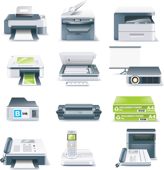 Impresoras, máquinas de fax, proyectores y otros equipos de oficina Vector Impresoras, máquinas de fax, proyectores y otros equipos de oficina Vector