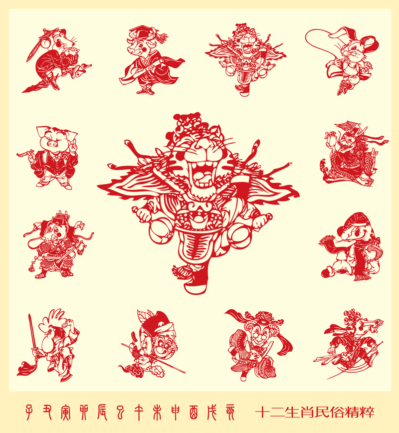 Papercut Style Of Beijing Opera 12 Sternzeichen Vektor