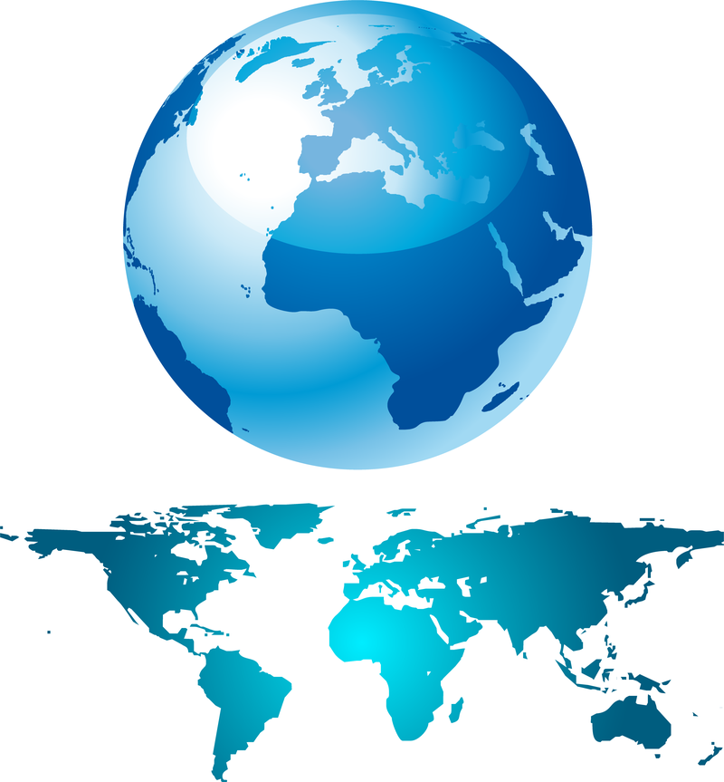 Blauer Globus und Weltkarte