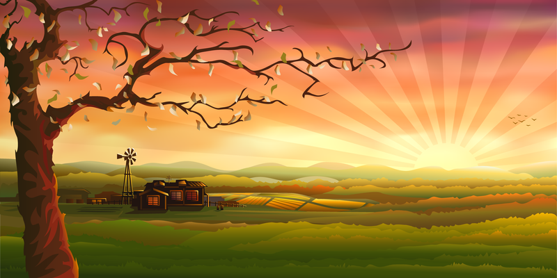 Ilustração da paisagem do pôr do sol do campo