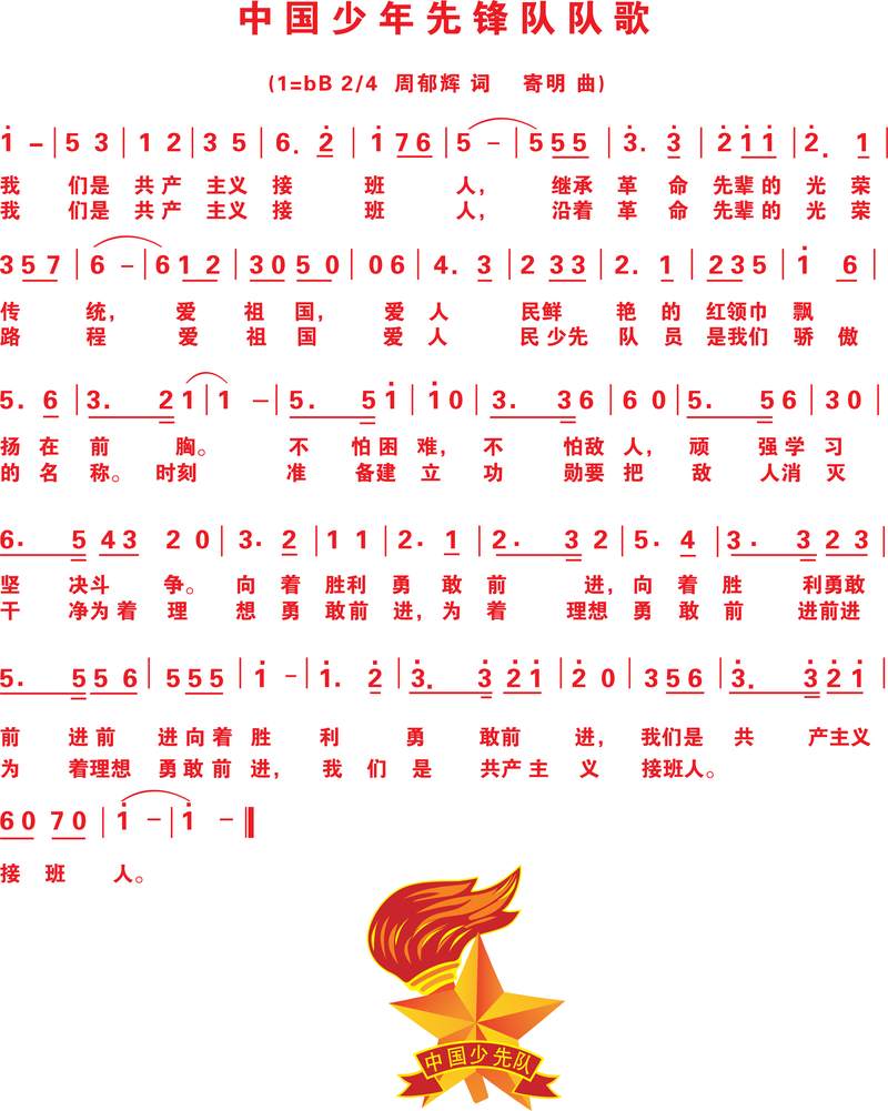 Letra da música da equipe dos jovens pioneiros chineses notação vetorial