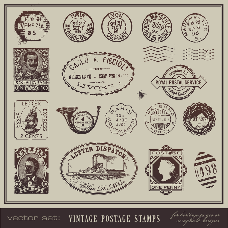 Cartões postais vintage e selos postais 01 vetor