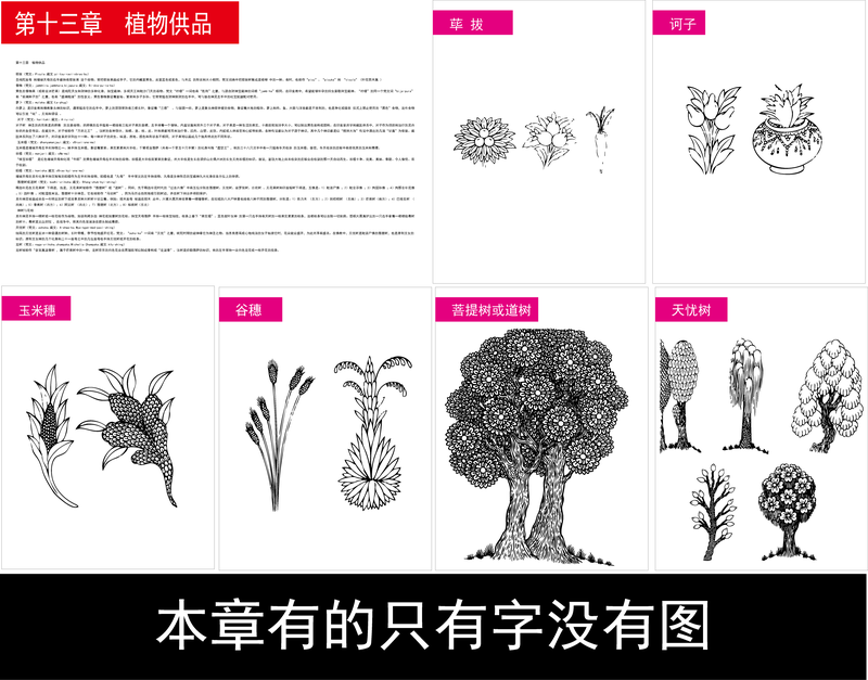 Símbolos do budismo tibetano e a figura de 13 objetos de plantas com ofertas