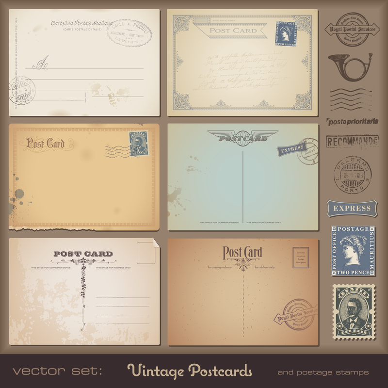 Cartões postais vintage e selos 06 vetor