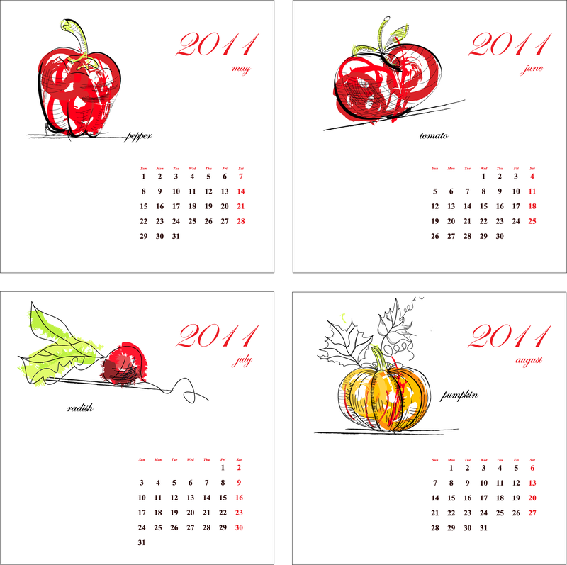 Calendário 2011 de vegetais vetoriais mão