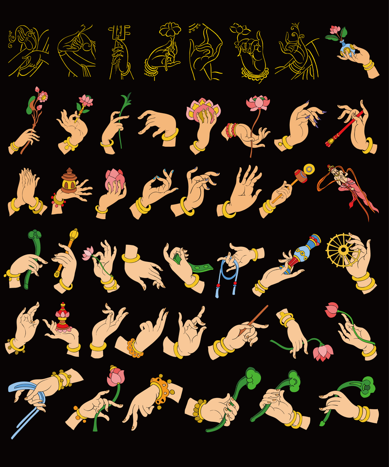 Collection of drawn hands with ribbons and elements