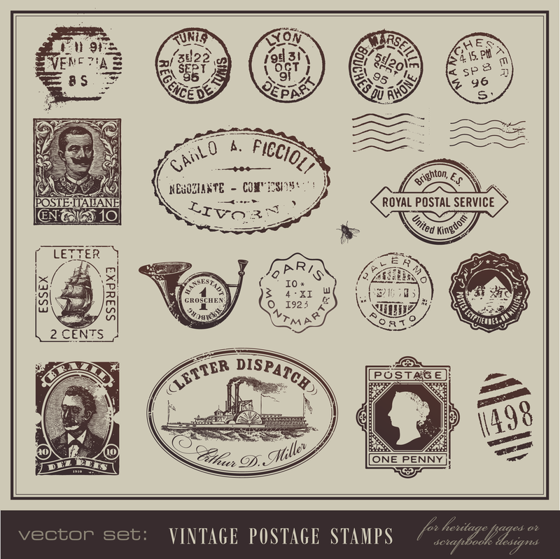 Vintage Postkarten und Briefmarken 04 Vektor
