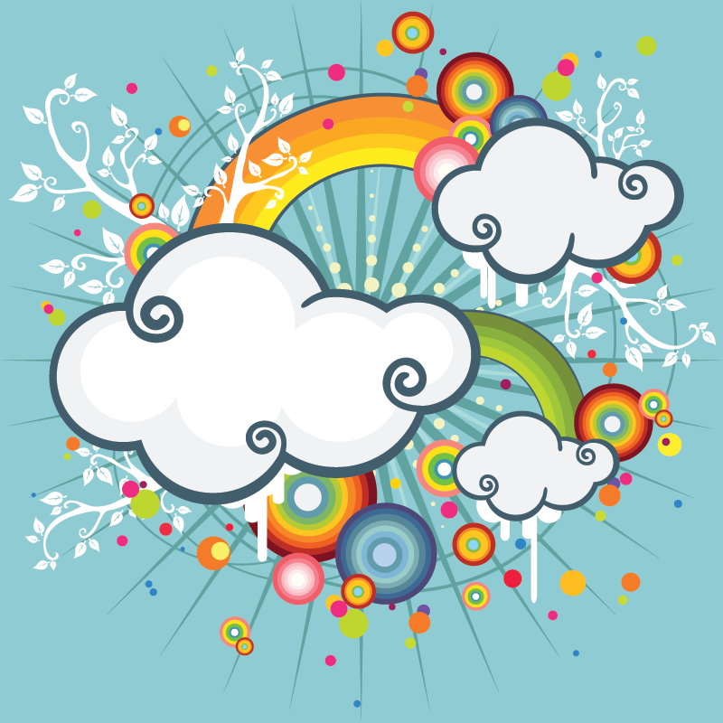 Nubes ilustradas con arco iris arte vectorial