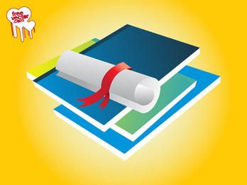 Libros apilados en 3D y papel enrollado