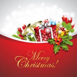 Cartão de Natal com presente e enfeites