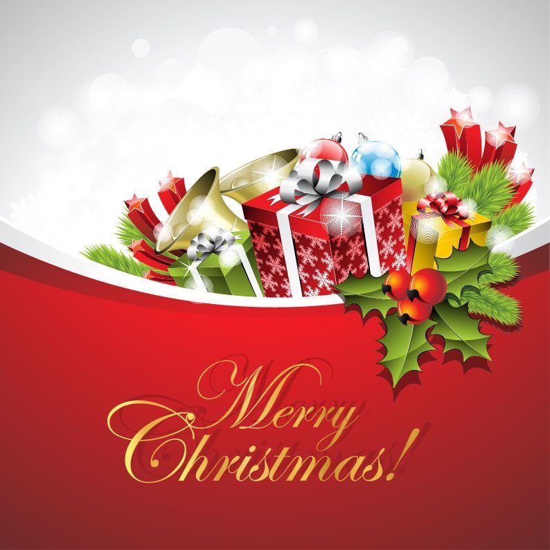 Weihnachtskarte mit Geschenk & Ornamenten