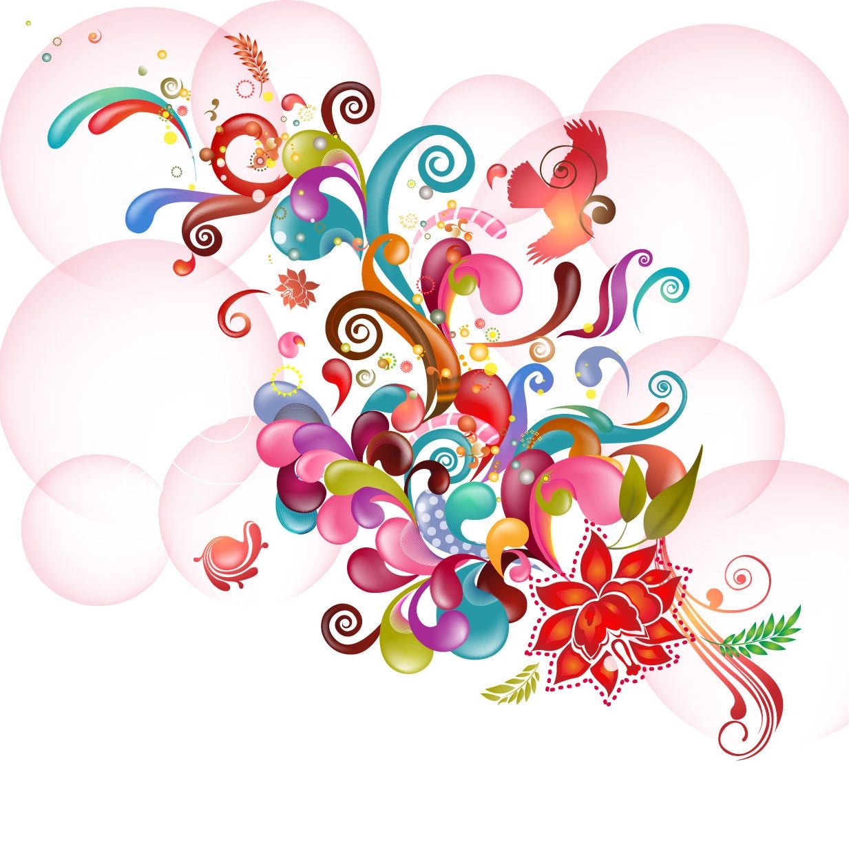 Colorido abstracto floral y remolinos en burbujas