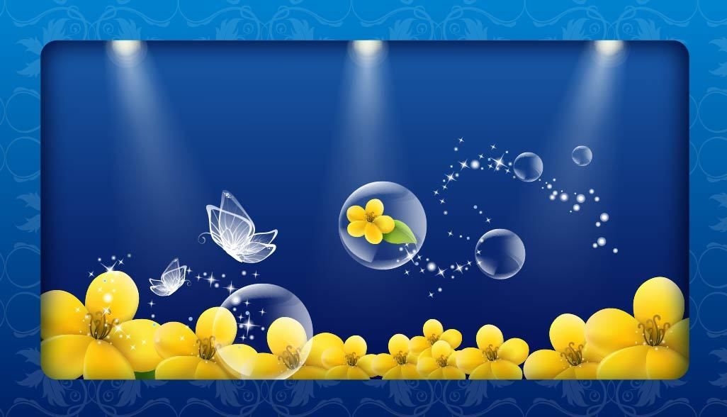Burbujas de mariposa de cristal fluorescente y fondo floral