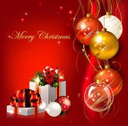 Fondo rojo de Navidad con bolas 3D y cajas de regalo