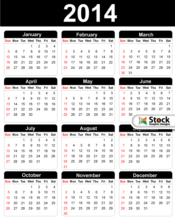 Calendário Preto e Branco Simples 2014