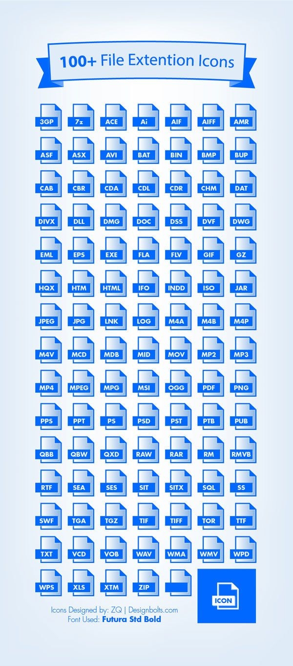 Cien iconos de extensión de archivo azul
