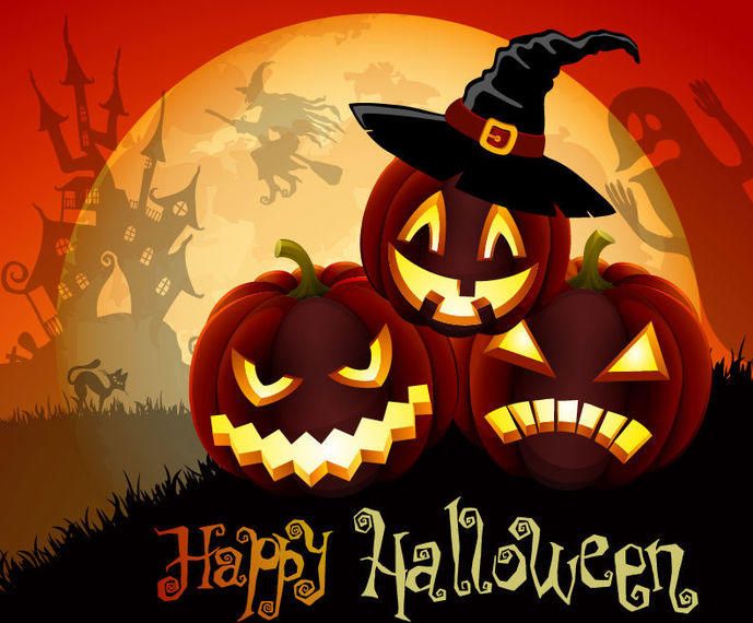 Cute Pumpkins with Hat over Full Moon Halloween Cute Pumpkins with Hat over Full Moon Halloween