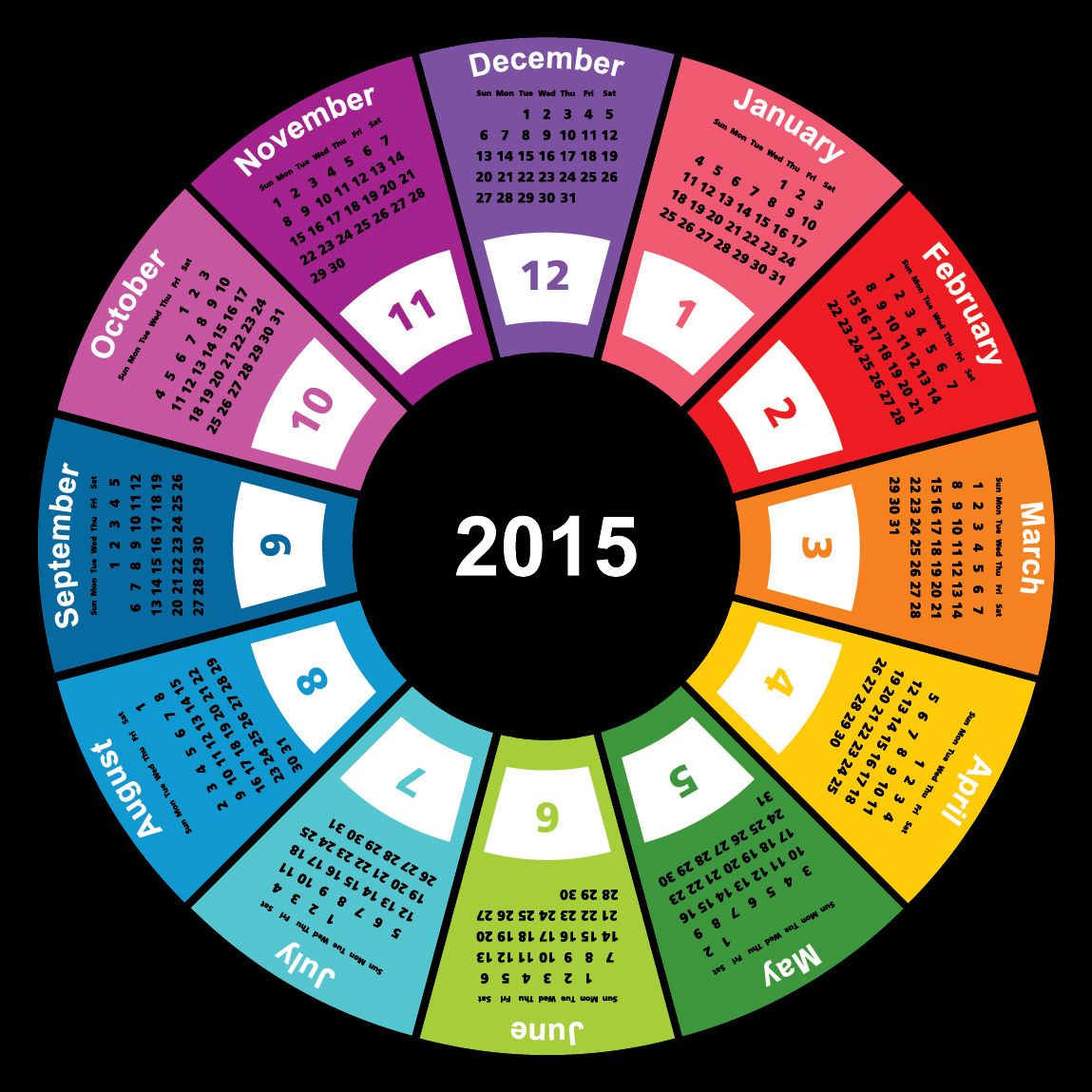 Calendário circular geométrico colorido de 2015