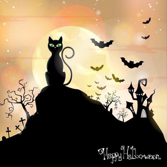 Cat Sitting on Hill Hunted Halloween Background - Vector download