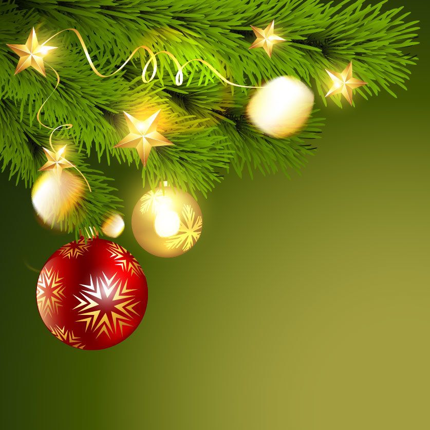 Green Christmas Background with Balls & Branch