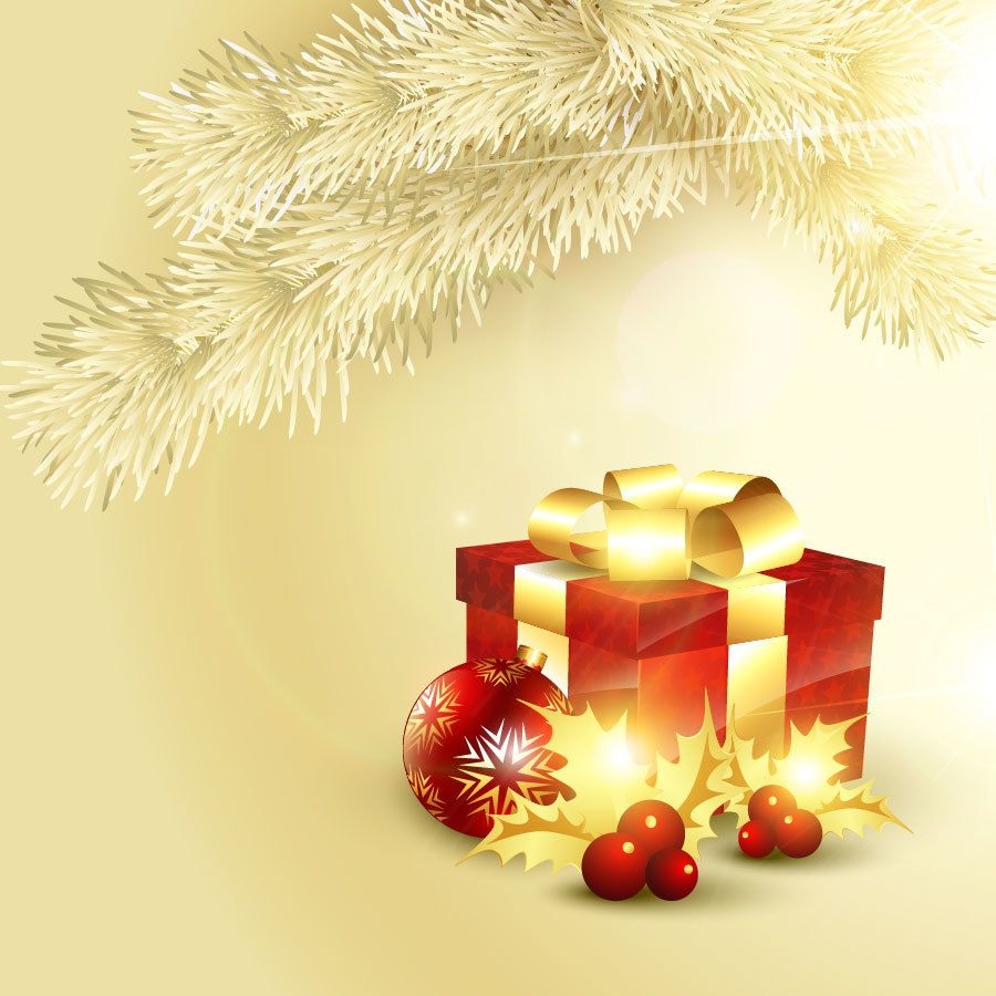 Caja de regalo decorativa 3D sobre fondo de rama de árbol dorado