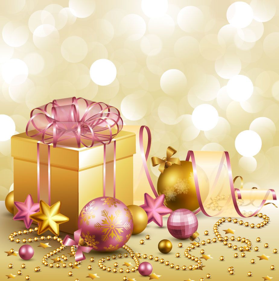 3D Gift Box & Christmas Ornaments Golden Background