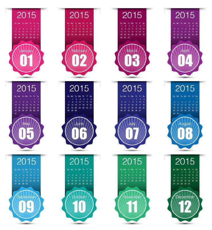 Calendario creativo 2015 del mes etiquetado colorido