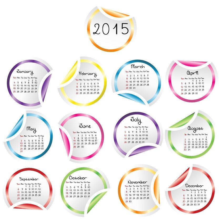 Calendário de adesivos redondos multicoloridos invertidos 2015