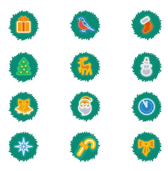 Christmas Flat Style Icon Pack on Green Wreath Christmas Flat Style Icon Pack on Green Wreath