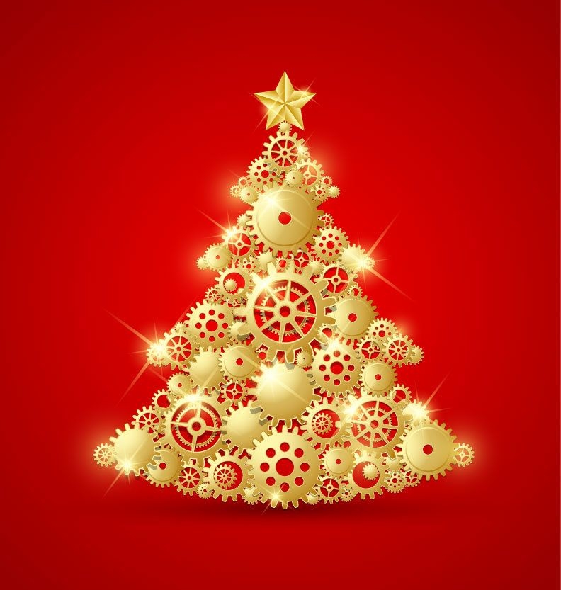 Árvore de Natal decorativa dourada com engrenagens