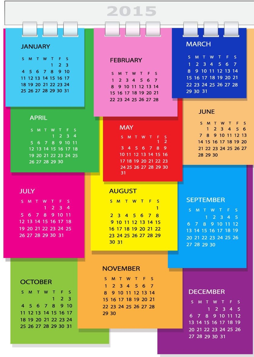 Calendario 2015 de encuadernación en espiral de página de lácteos coloridos