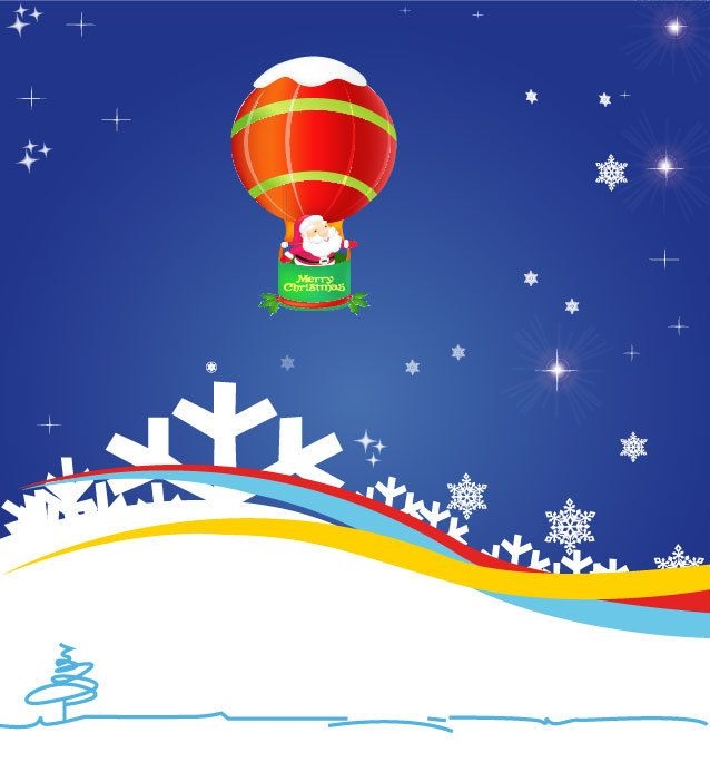 Santa Claus volando en globo aerostático sobre fondo azul.