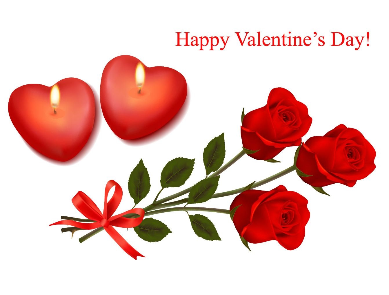 Tarjeta de San Valentín con velas de corazón y ramo de rosas
