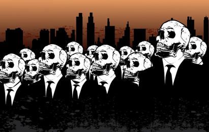 Pueblos con calaveras y ciudad detrás