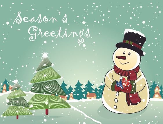 Boneco de neve com árvores de Natal e presentes
