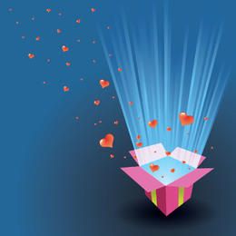 Corazones de tarjeta de San Valentín flotando fuera de una caja
