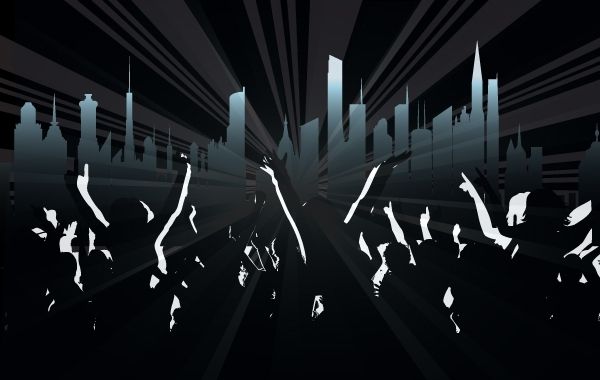 Crowds with City & Ray Background - Vector download