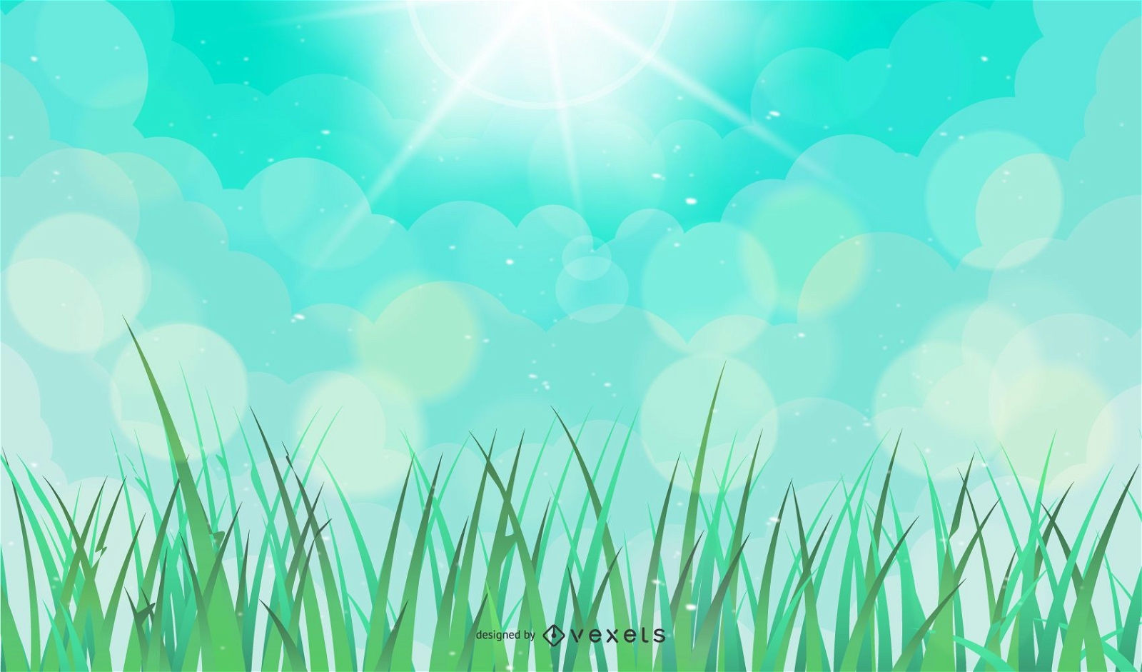 Vector Natural Green Background with Sun and Abstract Grass