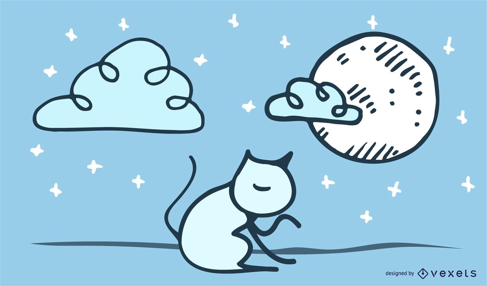 Design de doodle de gato durante a noite