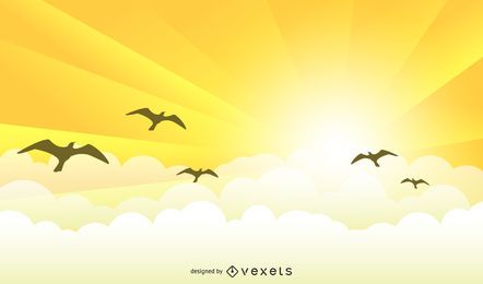 Yellow Sunrise Landscape With Birds Vector Download