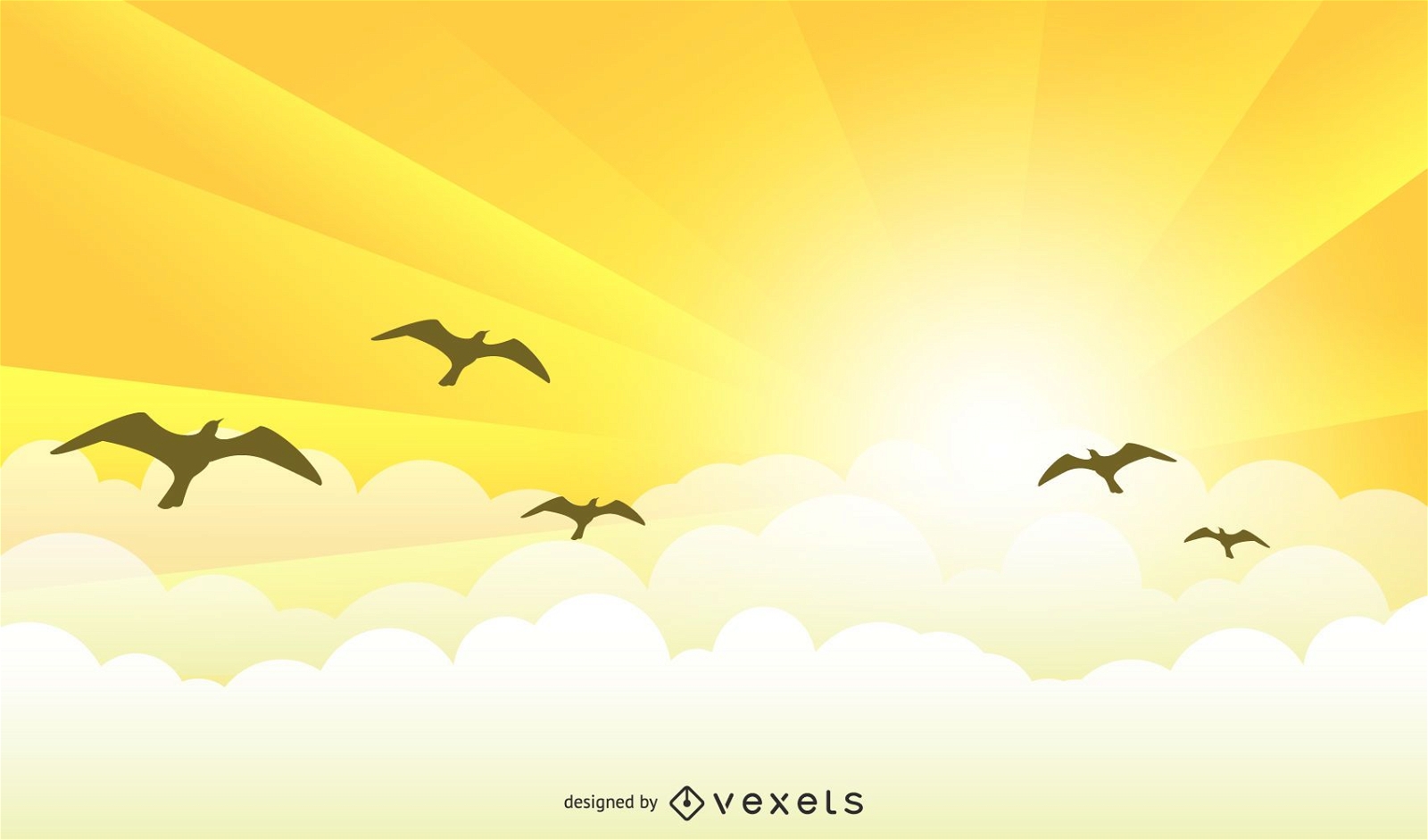Paisaje de amanecer amarillo con aves