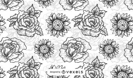 Padrão ilustrado de flores em preto e branco