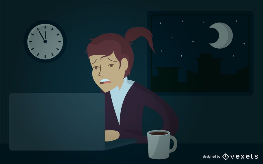 Illustrated businesswoman working late Illustrated businesswoman working late