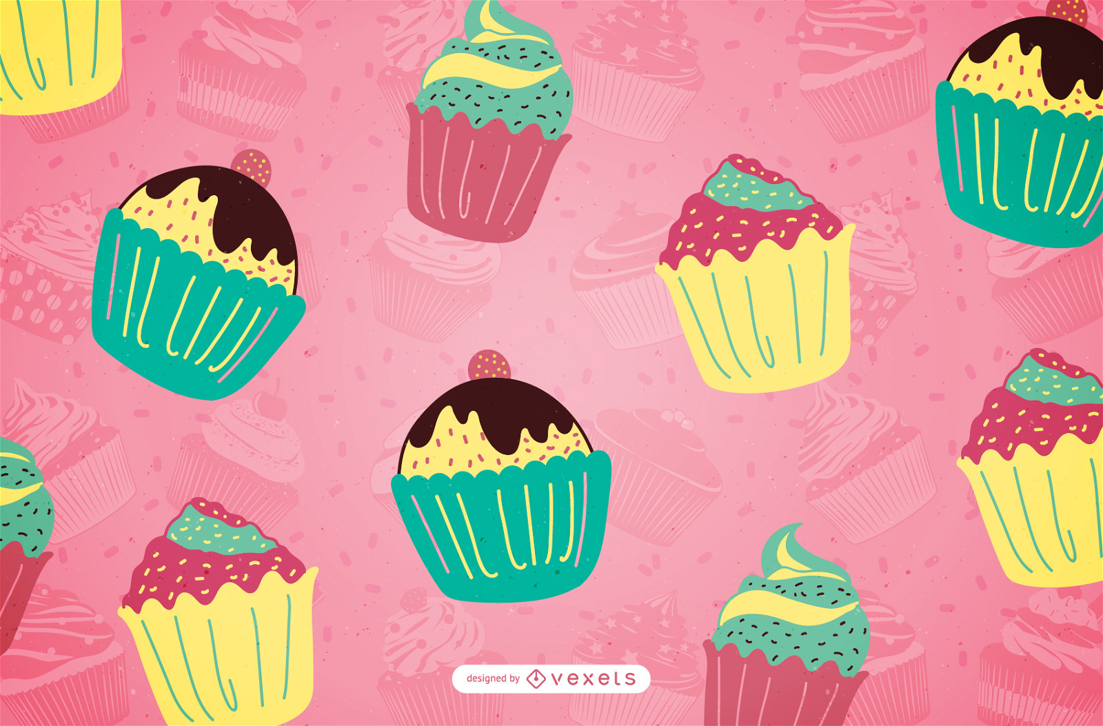 Hand drawn cupcake pattern in pastel tones