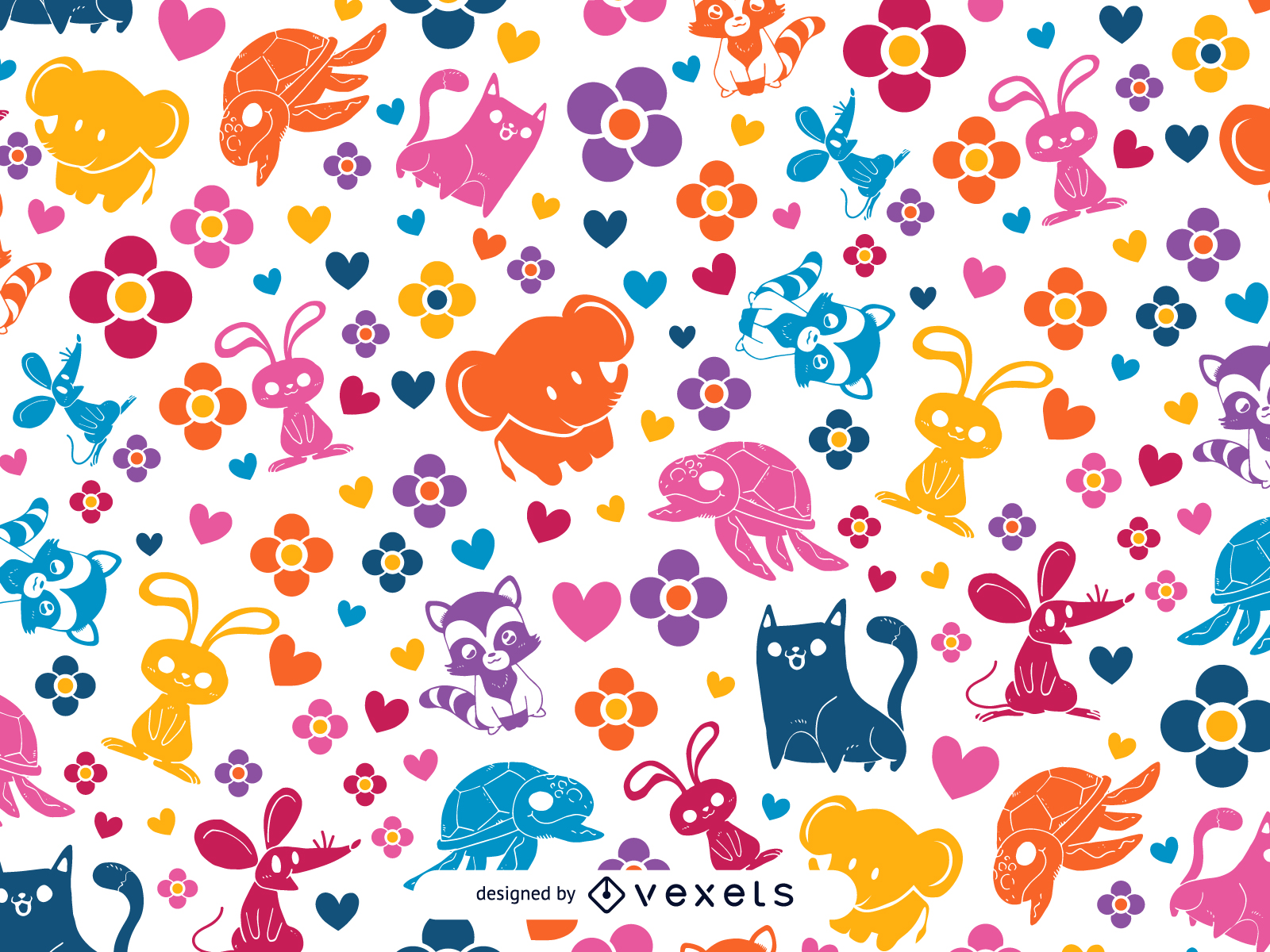 Colorful animals and heart pattern