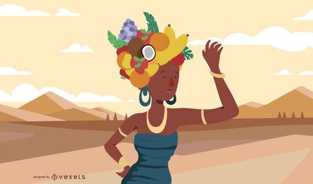 Mulher africana com chapéu de frutas