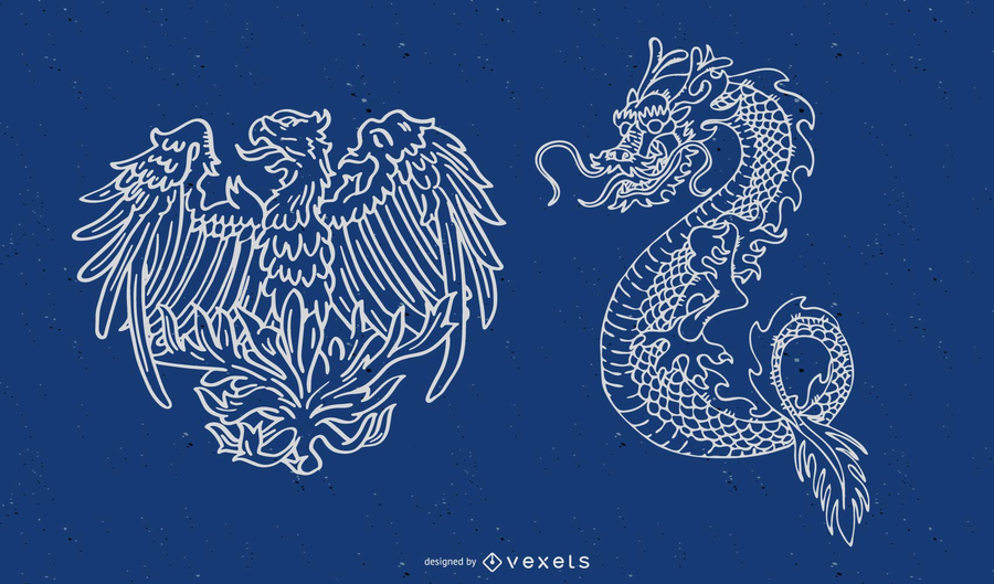 Dragón ilustrado y diseño de fénix. Dragón ilustrado y diseño de fénix.