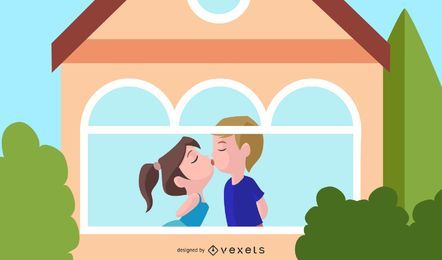 Couple kissing at home illustration